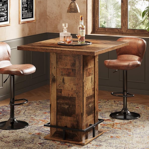 Kearsten 39.4 in. H Mix Brown Square Bar Table, Bistro Pub Table with Metal Footrest Kitchen Nook, Home Bar