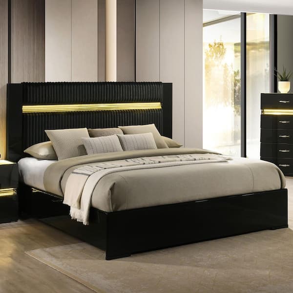 Avanon Glam Black Wood Frame Queen Platform Bed with LED Lighting and Padded Furry Headboard
