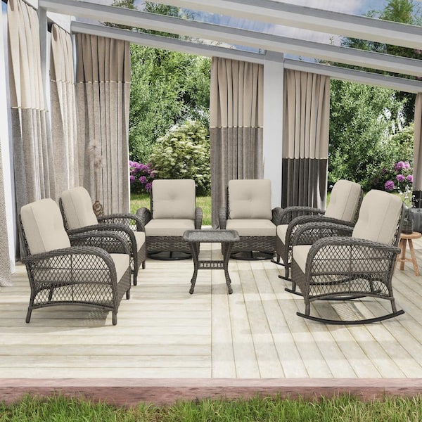 Gardenbee 7-Piece Wicker Outdoor Patio Conversation Lounge Chair Set with Beige Cushions and Side Table