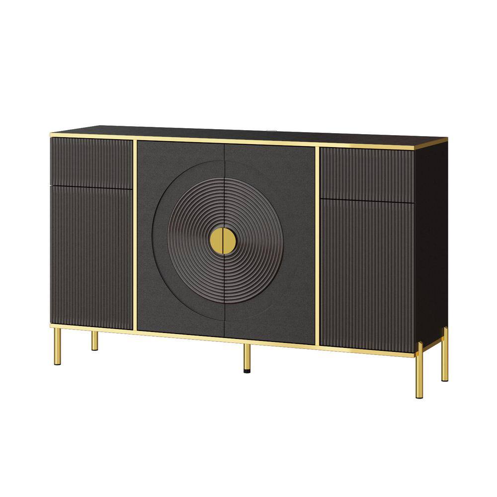 FUFU&GAGA Black Ripple Finish Wooden 56.3 in. W Sideboard Kitchen