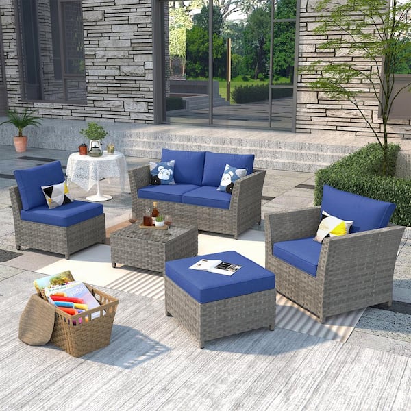Bexley Gray 6-Piece Wicker Patio Conversation Seating Set with Navy Blue Cushions