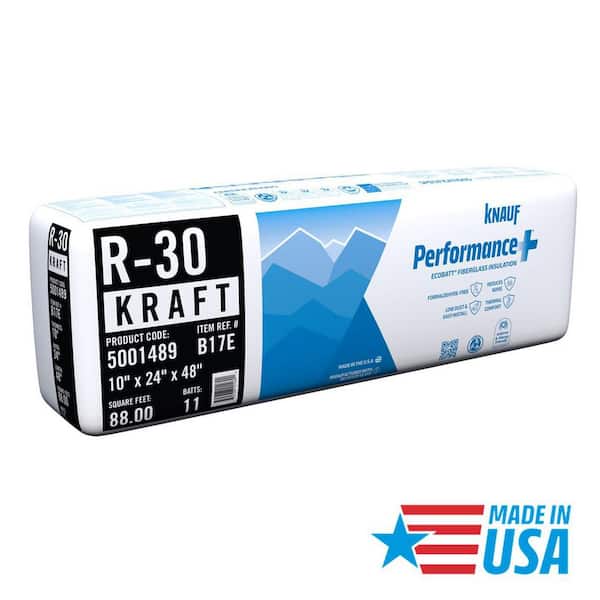 R30 Kraft Faced 24 in. x 48 in. Precut Fiberglass Insulation Batts for Floor, Attic - Sound-Reducing, USA Made (1-Bag)