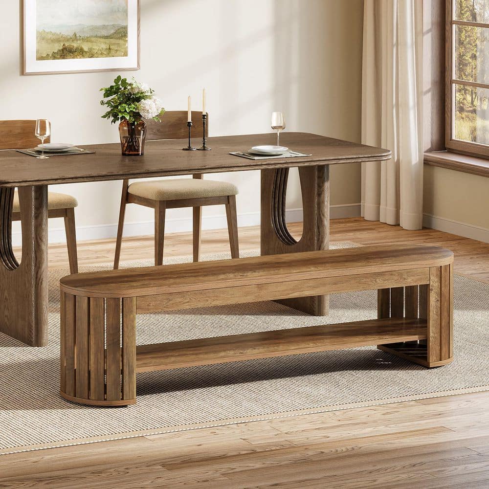 Farmhouse Brown Wooden 63 in. Double Pedestal Dining Table Bench, 2 Seating Bench with Storage Shelf for Dining Room