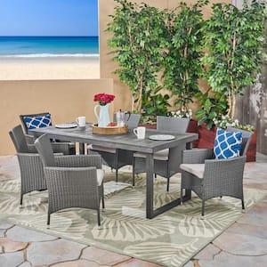Stamford Sandblast Dark Grey 6-Piece Wood and Grey Plastic Outdoor Dining Set with Silver Cushions