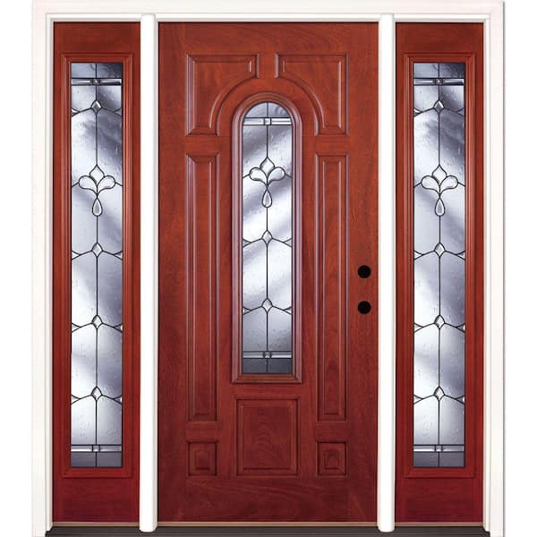 Feather River Doors 63.5 in.x81.625in.Carmel Patina Center Arch Lt Stained Cherry Mahogany Lt-Hd Fiberglass Prehung Front Door w/Sidelites