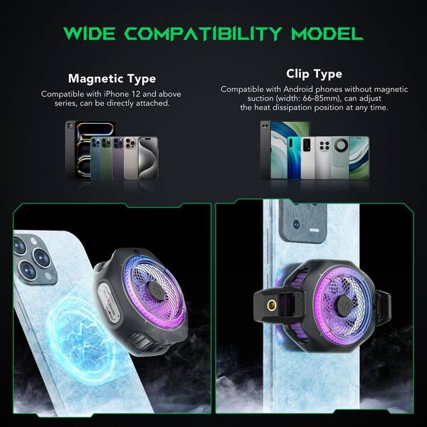 BIBIVIS GF82_D4I Magnetic Cell Phone Cooler 4Pro, Portable RGB Cooling Fan with Removable Grip, App-Controlled Smart Temperature Control