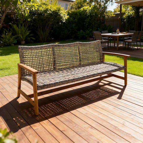 Handwoven Wicker 3-Seater Outdoor Sofa with Acacia Wood and Iron Frame