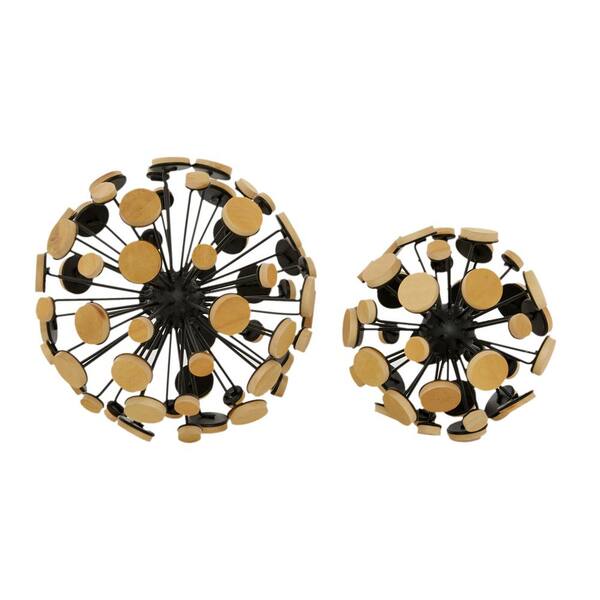 Litton Lane Black Metal Round 3d Ball Sculpture With Wood Circle Exterior Set Of 2 6 In 7 In 43375 The Home Depot