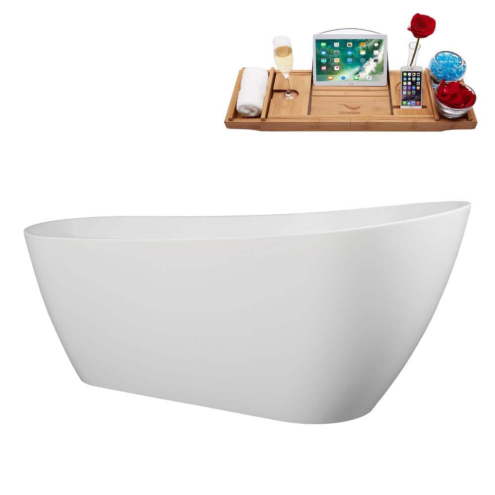 67" Glossy White Acrylic Freestanding Soaking Bathtub with Bamboo Tray