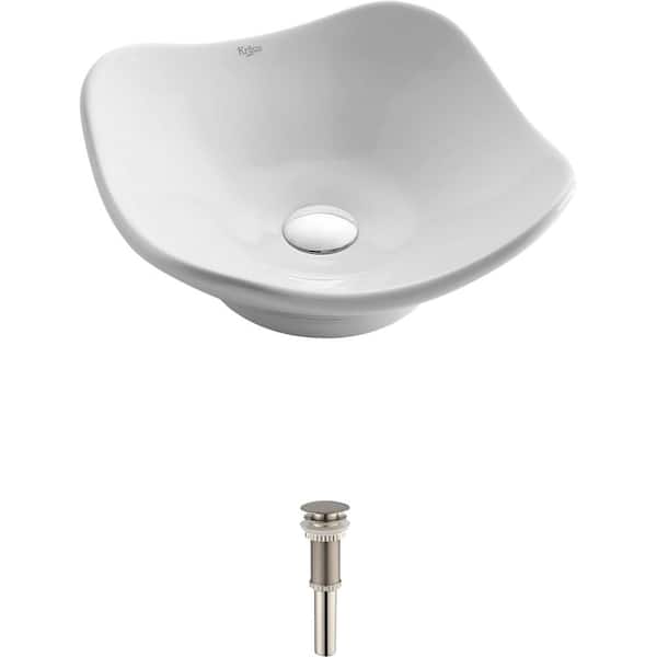 KRAUS Tulip Ceramic Vessel Bathroom Sink in White with Pop Up Drain in Satin Nickel