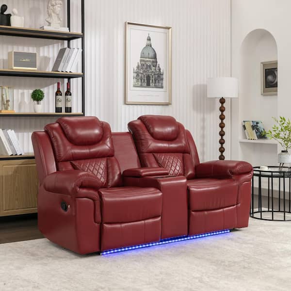 Merax 73.2 in. Wine Red PU Home Theater Seating Manual Recliner Loveseat with Hide-Away Storage, Cup Holders, LED Light Strip