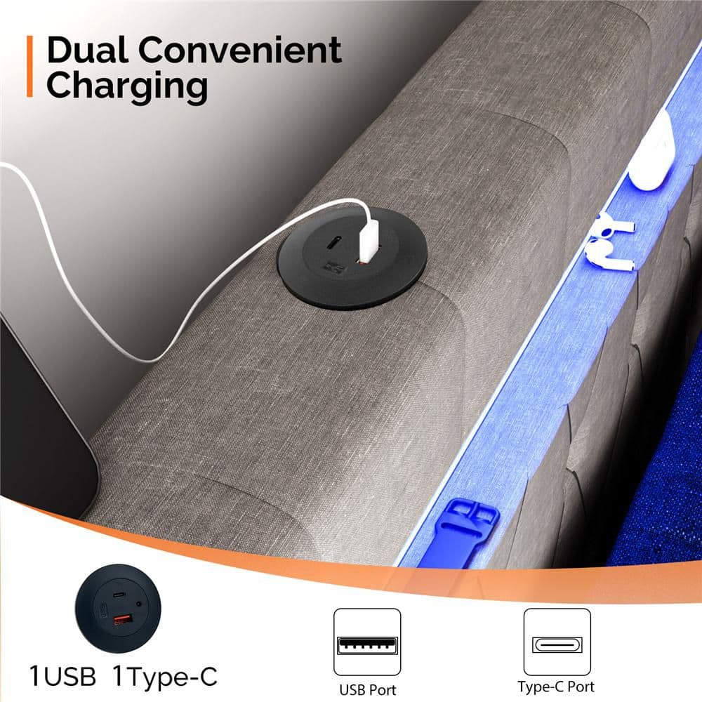 Gray Full Size Floating Bed Frame with Upholstered Headboard/Charging Station,RGB LED Lights - thumbnail 8