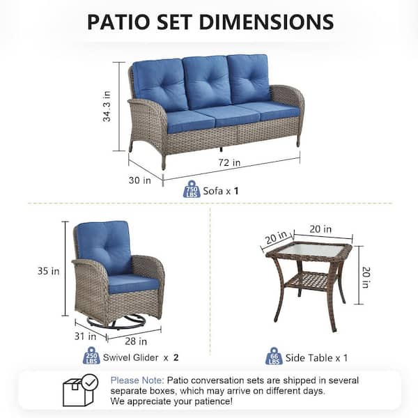 SleekArm 4-Piece Gray Wicker Patio Conversation Set with Olefin Blue Cushion and Outdoor Swivel Glider Chairs