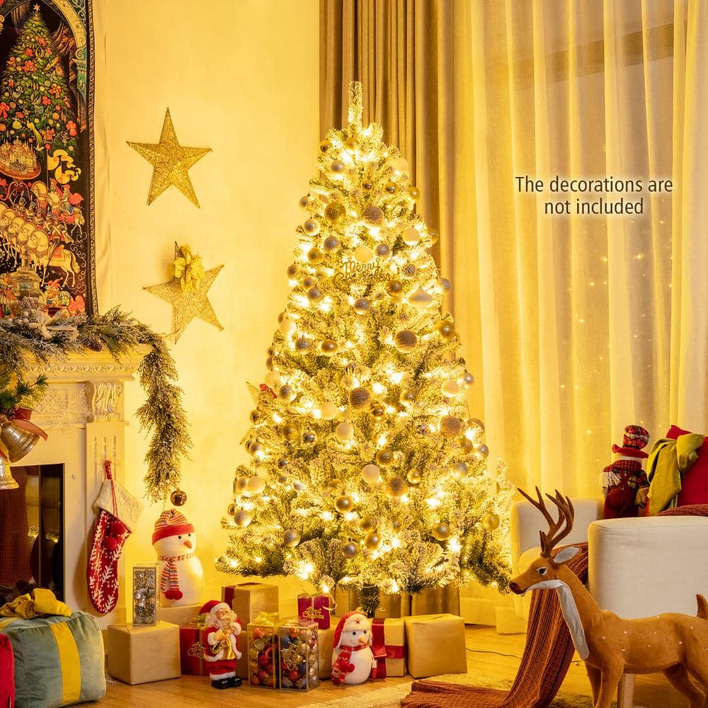 6' Green Snow Flocked PVC Christmas Tree with Warm White LED Lights
