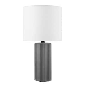 20 in. Ribbed Ceramic Dark Gray Concrete Table Lamp with White Linen Shade