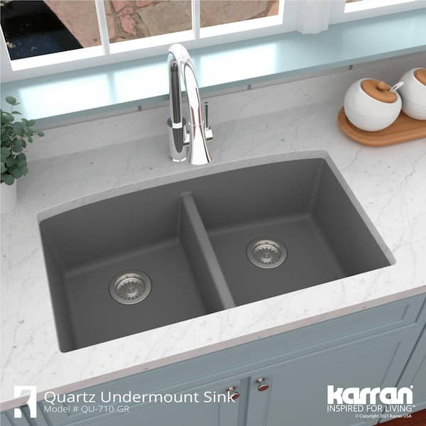 Karran Undermount Quartz Composite 32 In 50 50 Double Bowl Kitchen Sink In Grey Qu 710 Gr The Home Depot