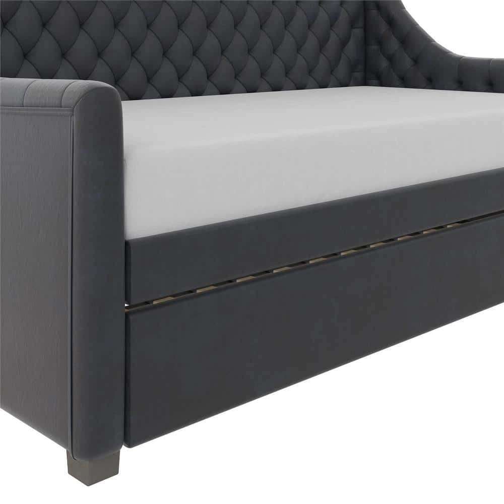 Navy Blue Velvet Twin Daybed with Trundle and Tufted Upholstery