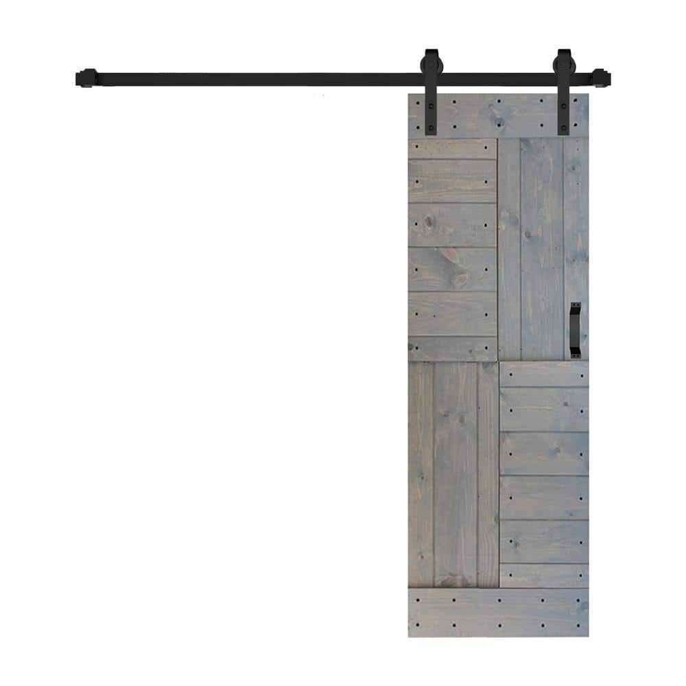 French Gray Paneled Pine Sliding Barn Door with Track Kit