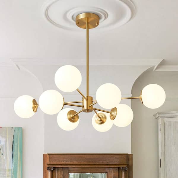 Y'INSP 8-Light Brass Mid-Century Sputnik Chandelier Modern Globe Pendant Light Fixture for Dining Room with Frosted Glass Shade