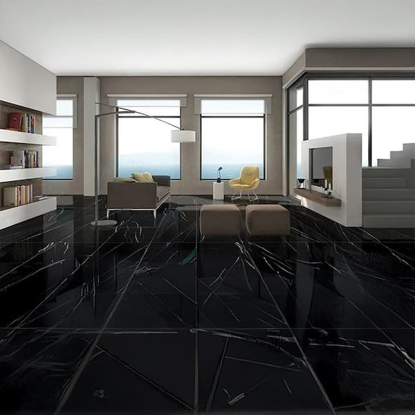Veneto 23.6 in. x 47.2 in. Polished Black Marquina Porcelain Rectangle Wall and Floor Tile (7.689 sq ft/case)-2 Sheets