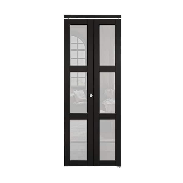 30 in. x 80 in. 3-Lite Frosted Glass Solid Core MDF Black Finished Glass Closet Bifold Door with Hardware for Closet