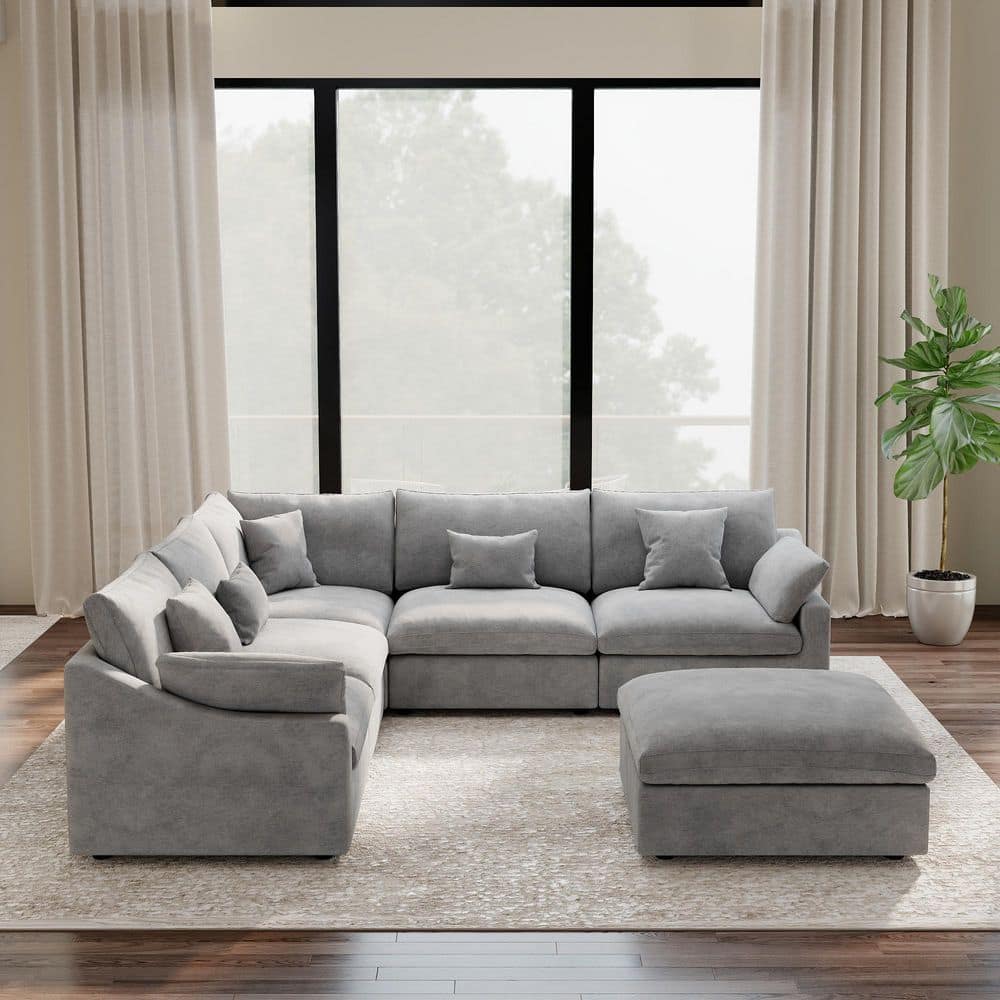 119.19 in. Square Arm 8-Piece Linen Down Feather Modular Free Combination Sectional Sofa with Ottoman in. Gray