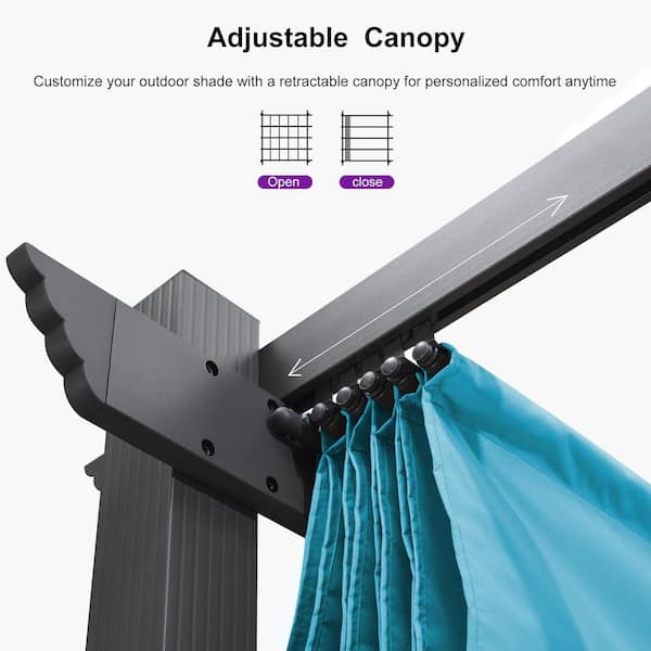 10 ft. x 12 ft. Gray Aluminum Frame Morden Pergola with Blue Retractable Sun Shade Canopy and String Lights for Garden