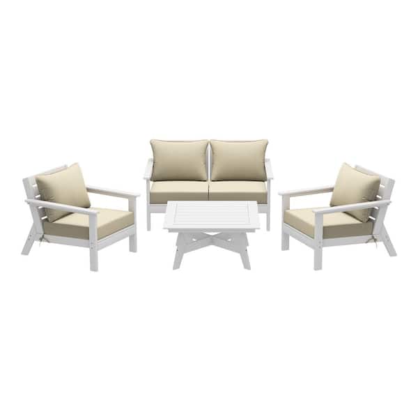 WESTIN OUTDOOR Birchwood White Arrangeable 5-Piece Outdoor Patio HDPE Deep Seating Conversation Lounge Set w/ Beige Cushions