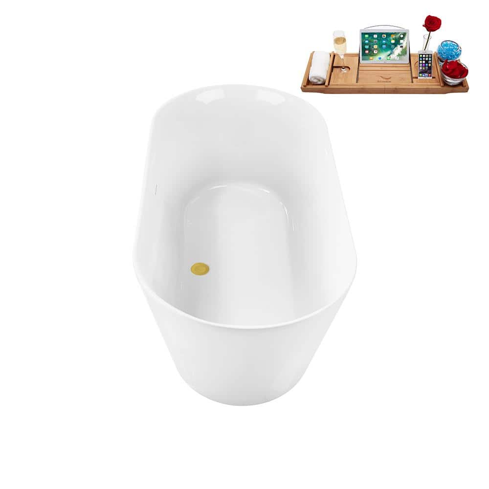 59.1'' Glossy White Freestanding Acrylic Soaking Bathtub with Brushed Gold Drain