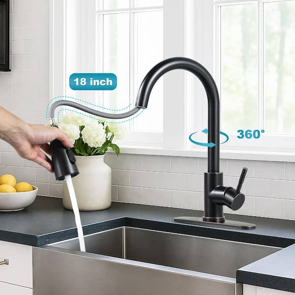 15.6 in. Single Handle Pull Down Kitchen Faucet with 18 in. Sprayer and 360 Degree Swivel in Oil Rubbed Bronze
