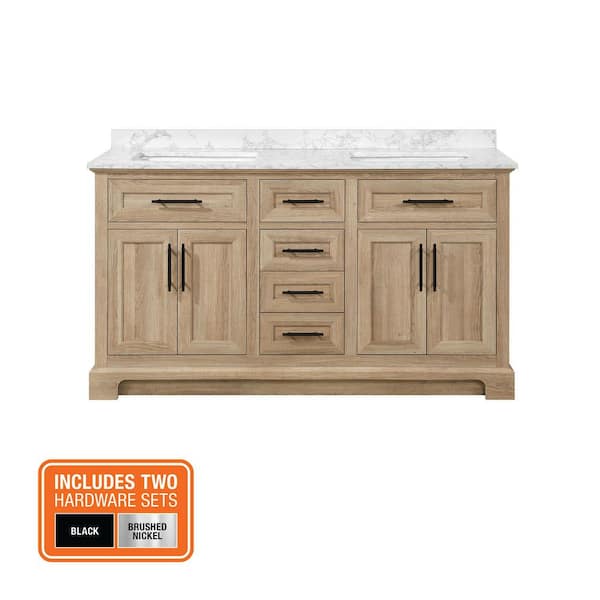 Doveton 60 in. Double Sink Freestanding Weathered Tan Bath Vanity with White Engineered Marble Top (Assembled)