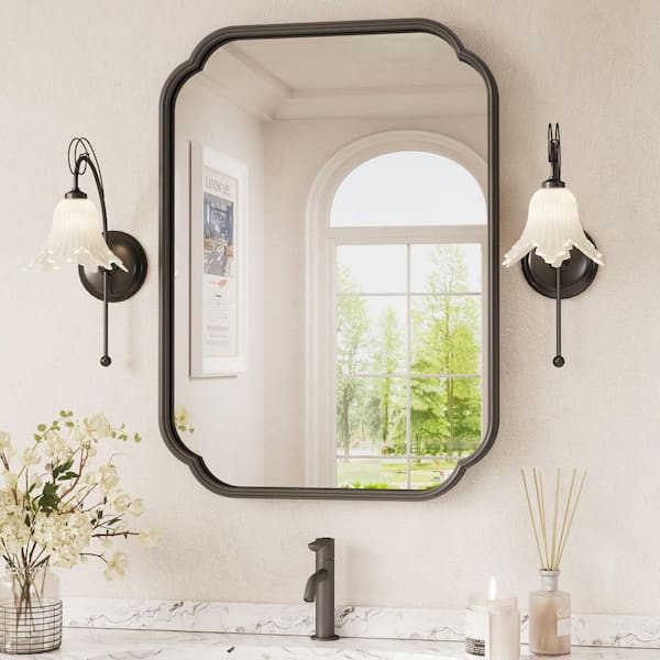 22 in. W x 30 in. H Scalloped Framed Wall Bathroom Vanity Mirror in Black