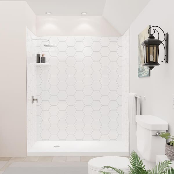 FlexStyle 36 in. x 60 in. W x 80 in. H 3-Piece Glue Up Alcove Shower Wall Surround in White Hex Brushed Nickel Trim