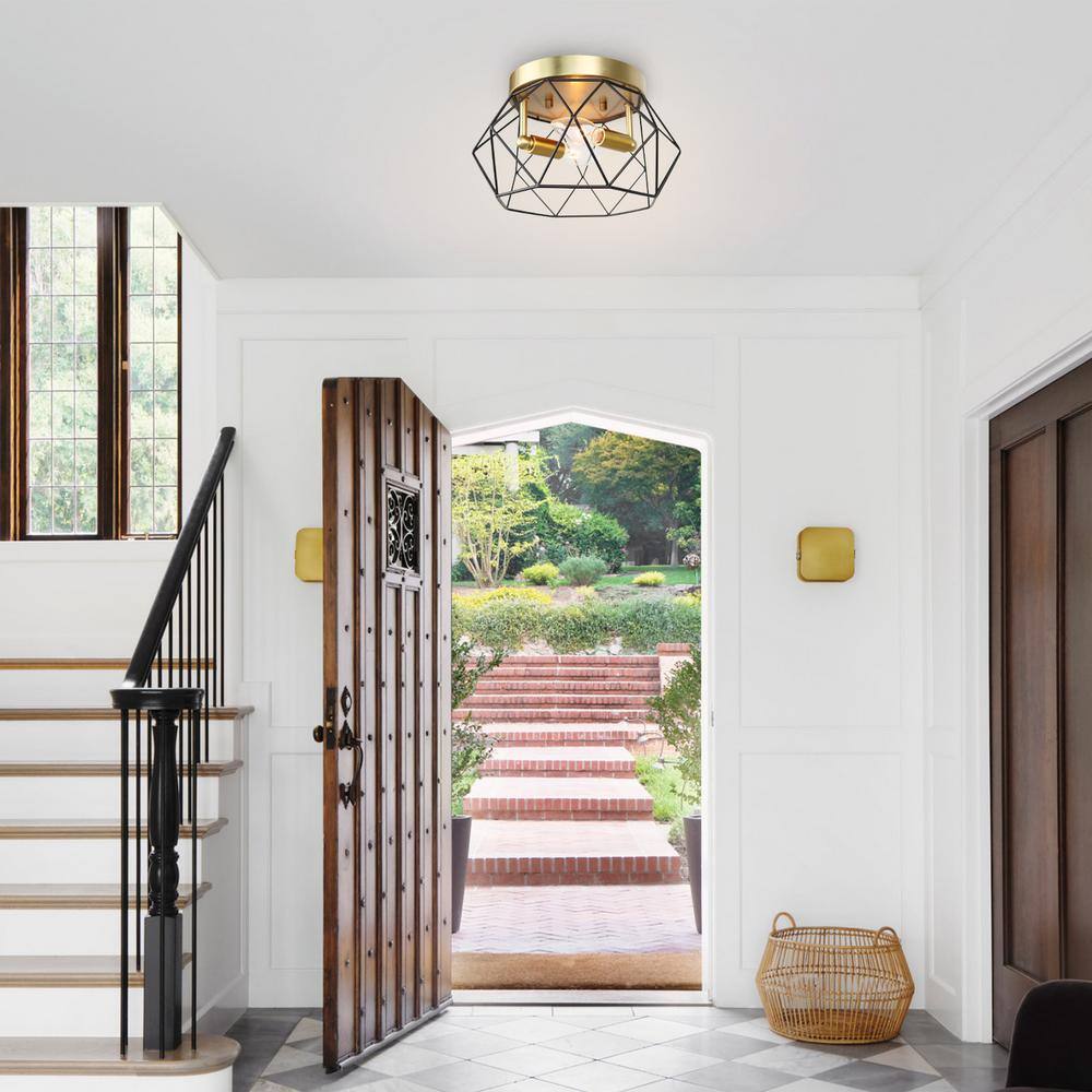 Gold and Matte Black Metal Cage Flush Mount Ceiling Light