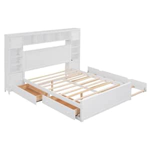 White Wood Frame Queen Platform Bed with All-in-One Cabinet, Multiple Shelves, Cabinets, Twin Trundle, USB, Drawers