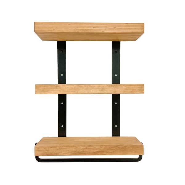Unbranded Industrial 3-tier 5.5 in. x 16 in. x 23 in. Walnut Pine Wood Floating Decorative Wall Shelf with Towel Bar