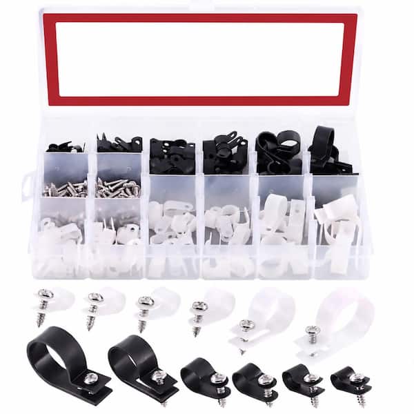 132-Piece Black and White Plastic R-Type Screw Mount Cable Clips Assortment Kit for Wire Management, 6 mm to 23 mm
