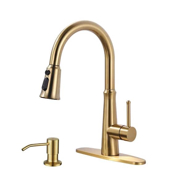 Single Handle Pull Down Sprayer Kitchen Faucet with Soap Dispenser and Deck Plate Included in Brushed Gold