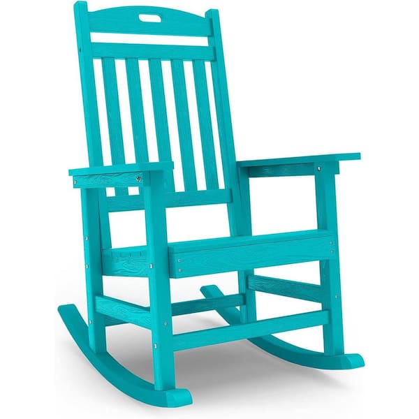 Mximu Aruba Blue Plastic Patio Outdoor Rocking Chair, Fire Pit Adirondack Rocker Chair with High Backrest