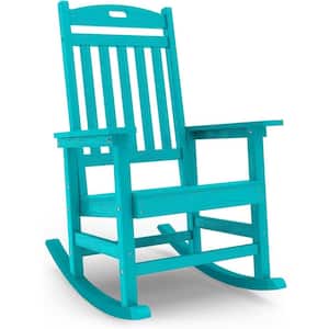 Aruba Blue Plastic Patio Outdoor Rocking Chair, Fire Pit Adirondack Rocker Chair with High Backrest