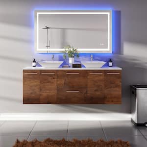 Lux 60 in. W x 21 in. D x 26 in. H Floating Bath Vanity in Rosewood with White Tempered Glass Top