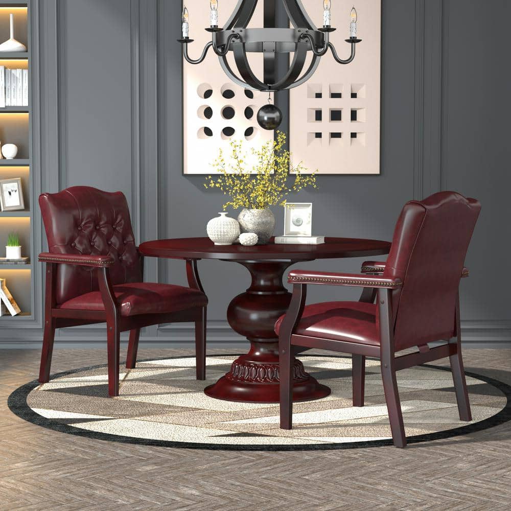 Oxblood Vinyl and Mahogany Traditional Guest Chair