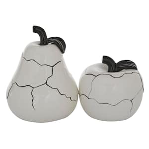 White Ceramic Decorative Fruit Sculpture with Cracked Looking Exterior (Set of 2)