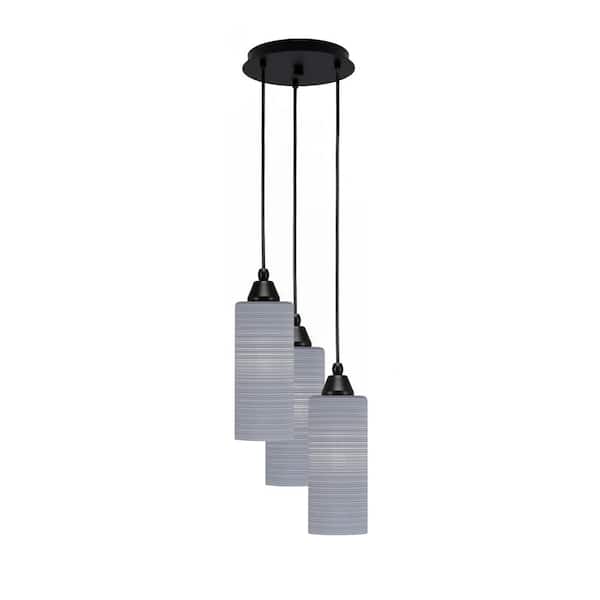 Unbranded Savannah 13.25 in. 3-Light Matte Black Cord Pendant Light Gray Matrix Glass Shade