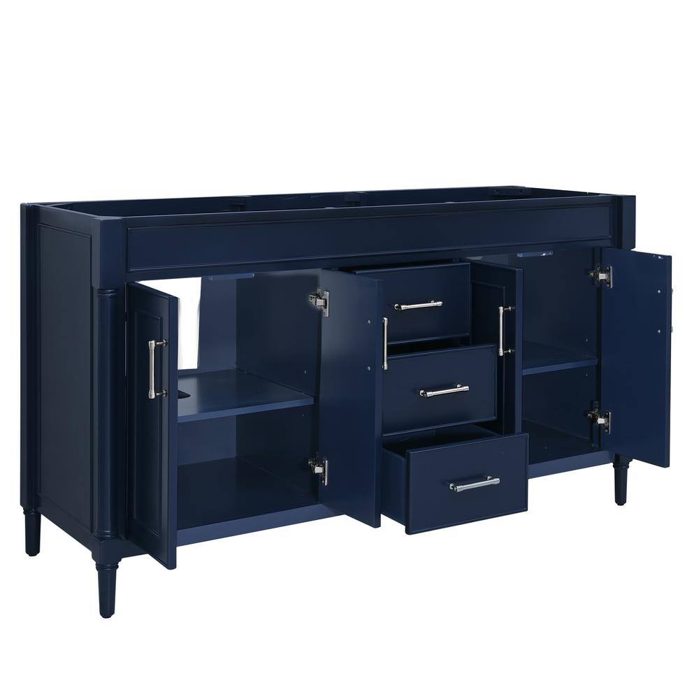 Navy Blue 60" Double Bathroom Vanity Base with Brushed Nickel Hardware