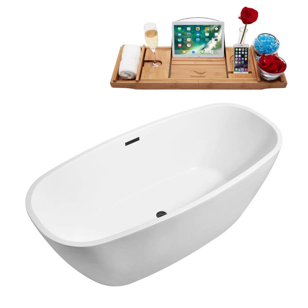 59" Glossy White Acrylic Freestanding Soaking Bathtub with Bamboo Tray