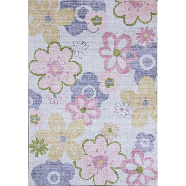 7 ft. x 10 ft. Pink Gray and Purple Juvenile Flowers Youthful Area Rug