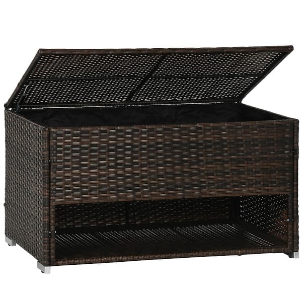 40 Gal. Outdoor Brown PE Rattan Wicker Deck Box & Shoe Storage, Towel Rack with Liner for Toys, Garden Tools