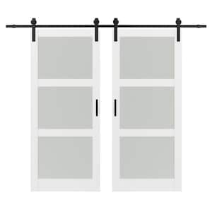 72 in. x 84 in. (Double 36 in. W Doors) 3-Lite Frosted Glass White Solid Hybrid Core MDF Sliding Barn Door Hardware Kit