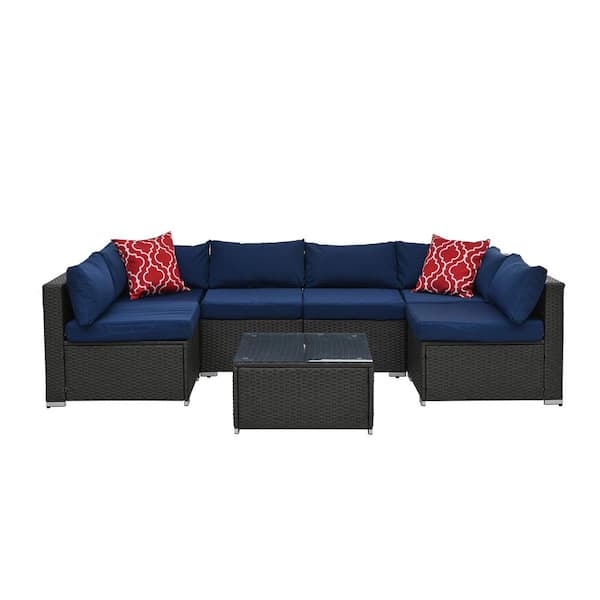 Zeus & Ruta 7-Piece Dark Gray PE Rattan Wicker Outdoor Patio Conversation Sectional Sofa with Navy Blue Cushions and Coffee Table